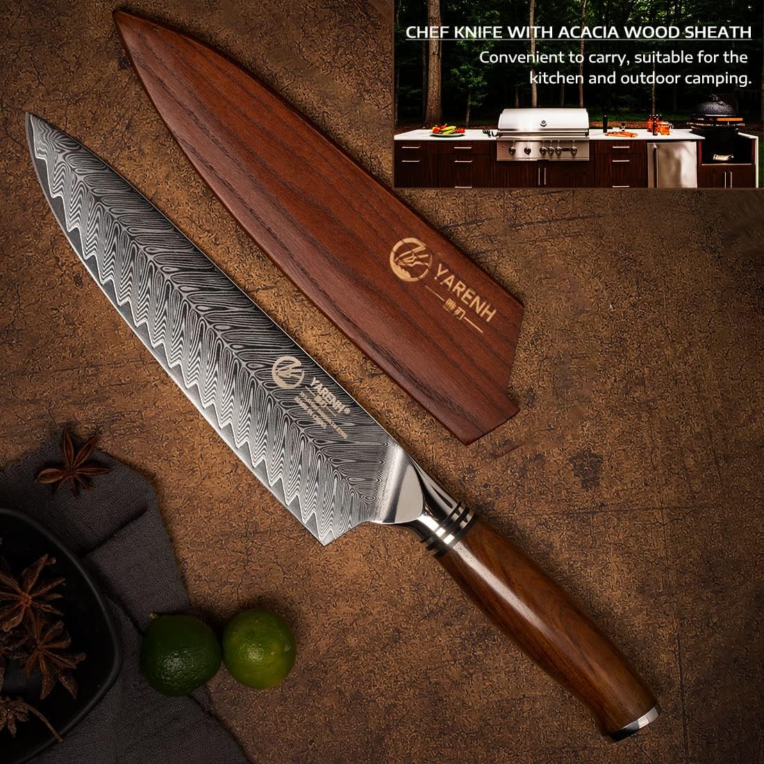 Damastmesser, Chefmesser mit Holzscheide