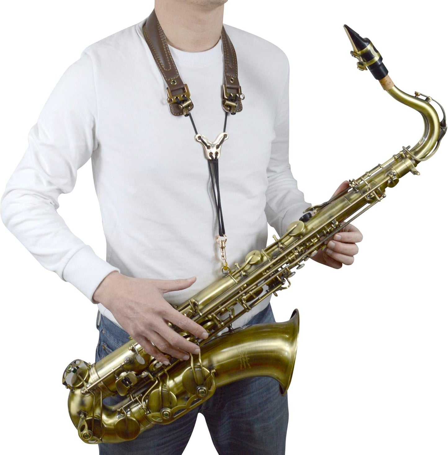 Premium Saxophon Gurt mit Echtleder & Polster, Braun