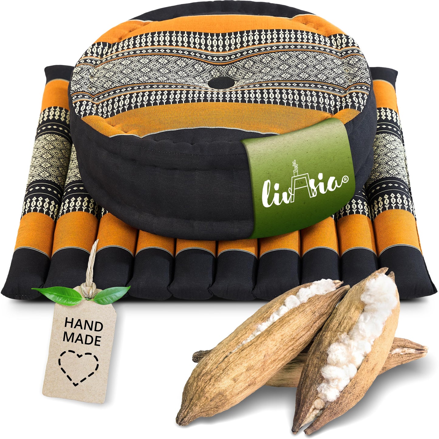 Meditationsset mit Kissen und Matte, Schwarz/Orange