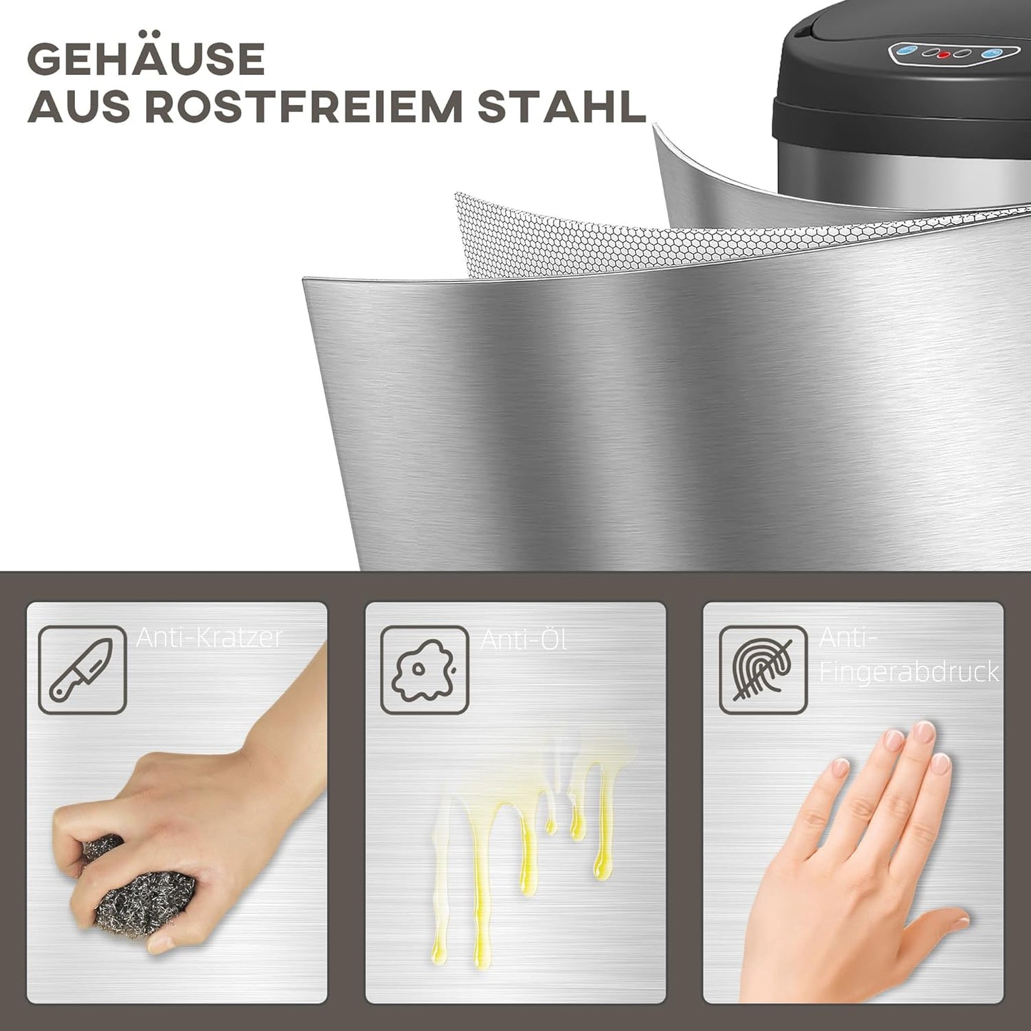 Automatischer Mülleimer mit Sensor, 30L Edelstahl, 30 L Silber