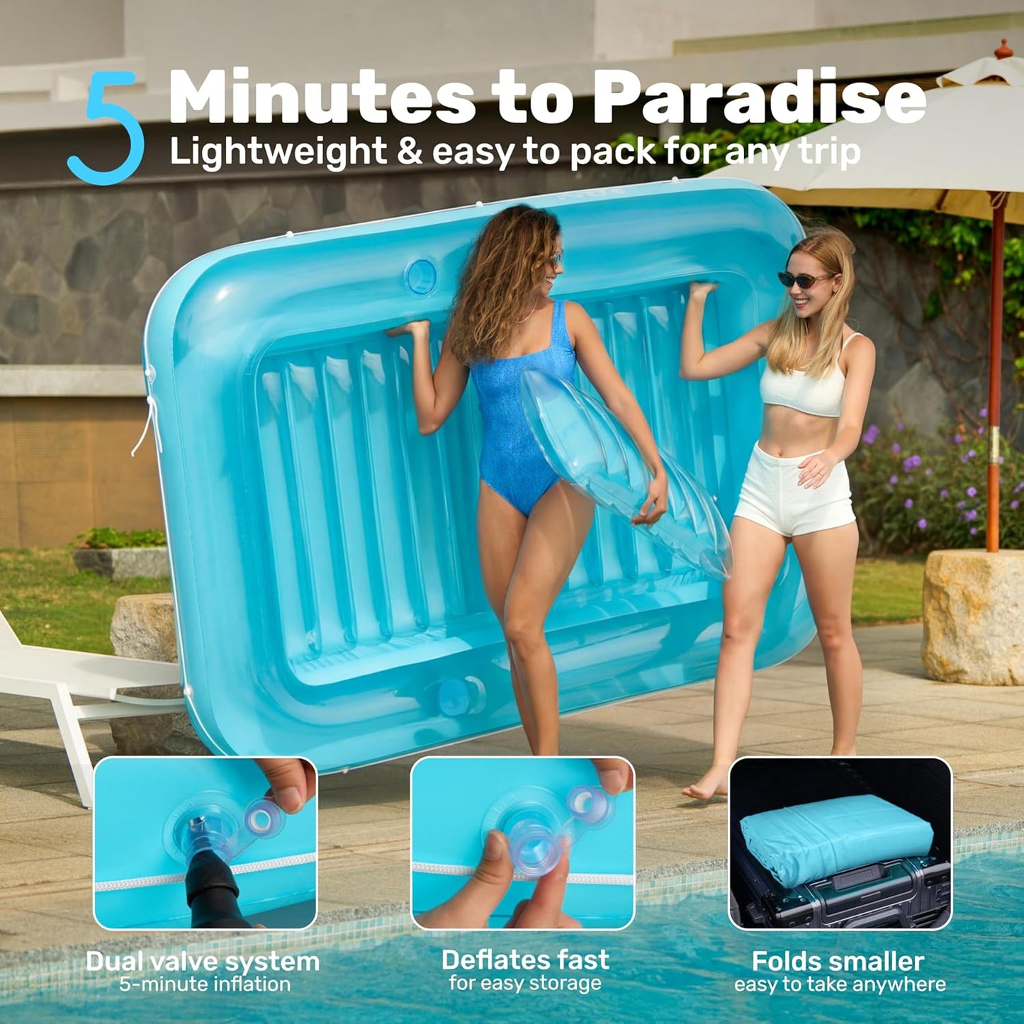 Aufblasbarer Sonnenpool mit abnehmbarem Kissen und Getränkehalter, Blau XL
