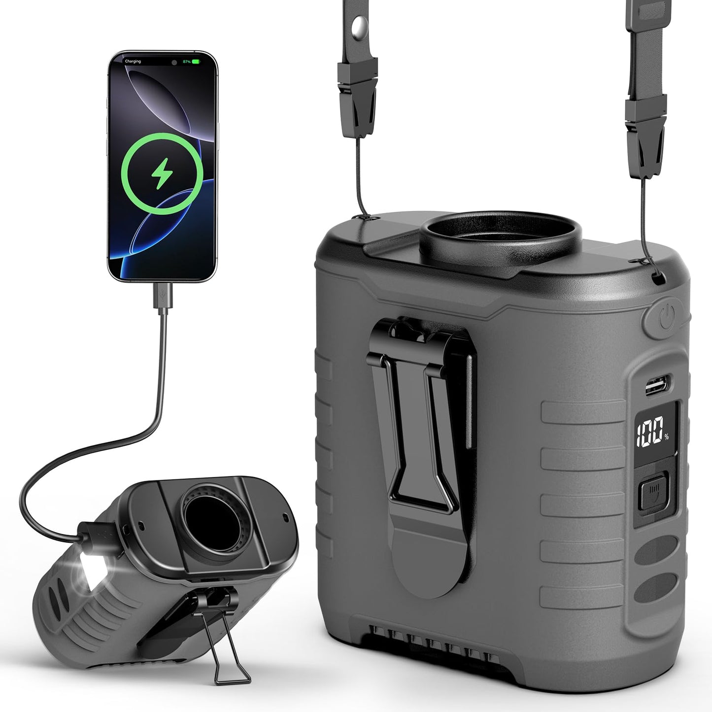 6-in-1 Taillenclip Ventilator mit Powerbank & COB-Licht, Titan Grau