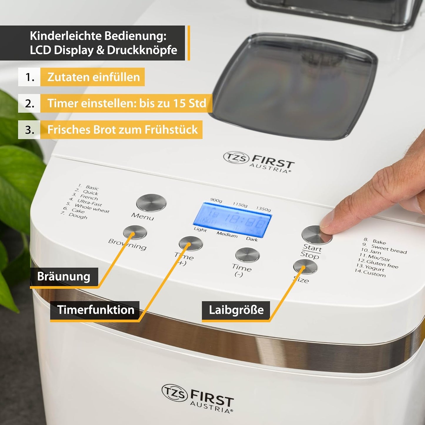 Brotbackautomat mit Timer & 14 Programmen, 900-1350 g Brot