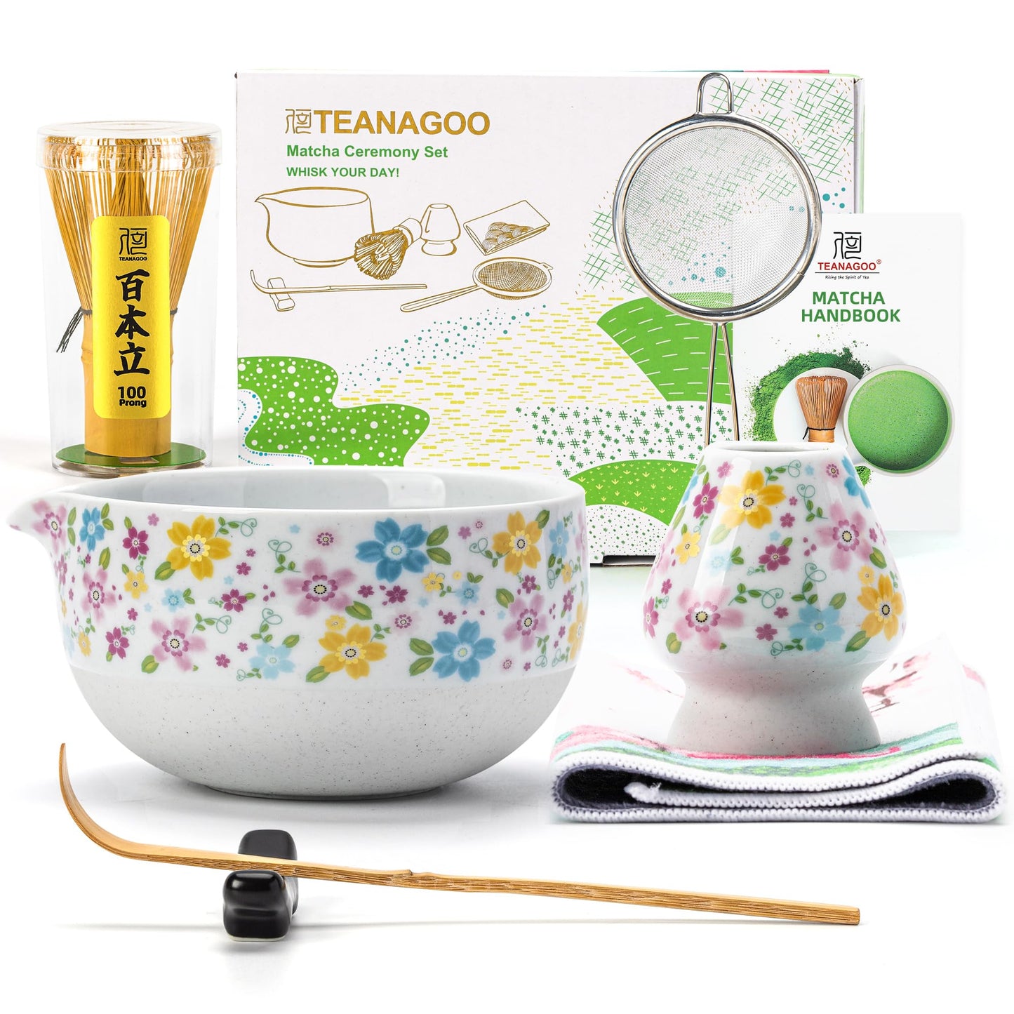 Matcha-Zubereitungsset mit Schale und Schneebesen (7-teilig), 7Stück/Set, Schüssel mit Ausgiesser Weiss & Blüte