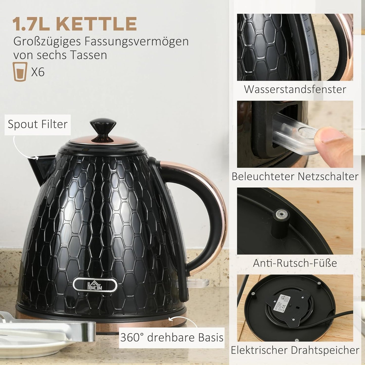 Frühstücksset mit Wasserkocher & Toaster (4 Scheiben), Schwarz