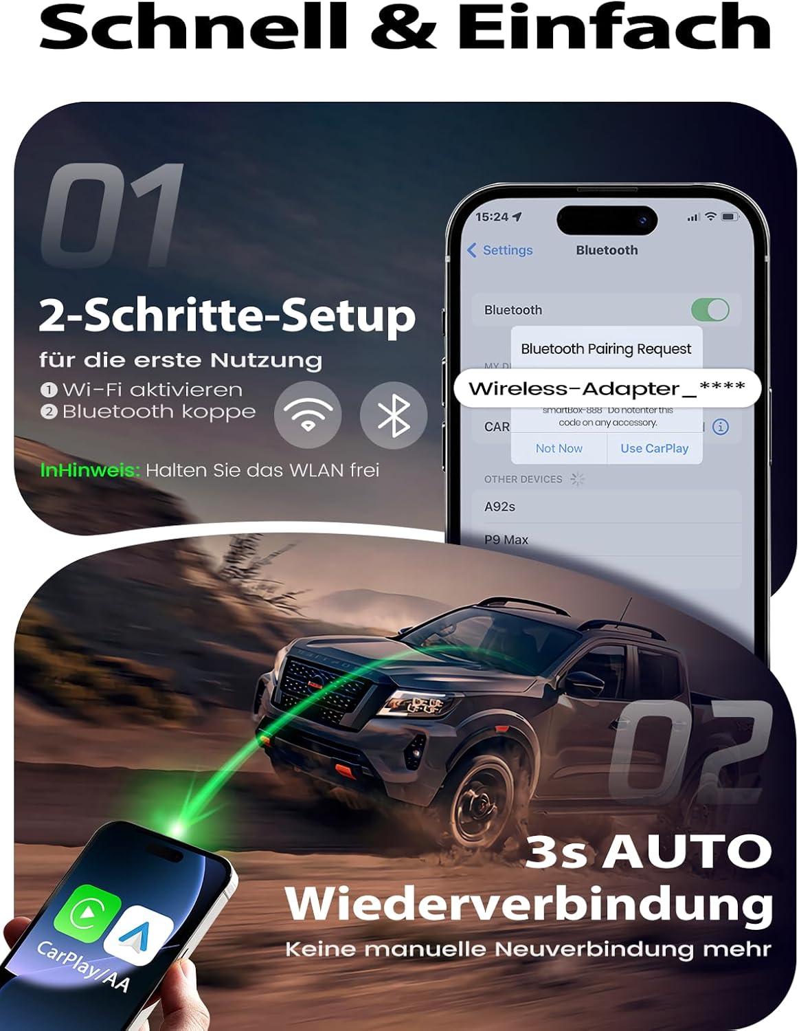 CarPlay & Android Auto Wireless Adapter, Graphit
