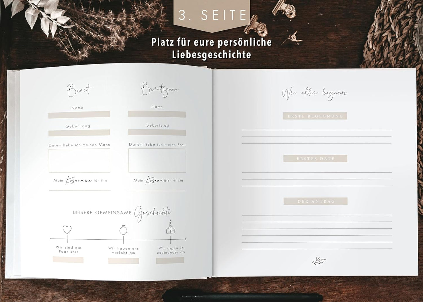 Hochzeit-Gästebuch mit Fragen zum Ausfüllen, mit Fragen Beige