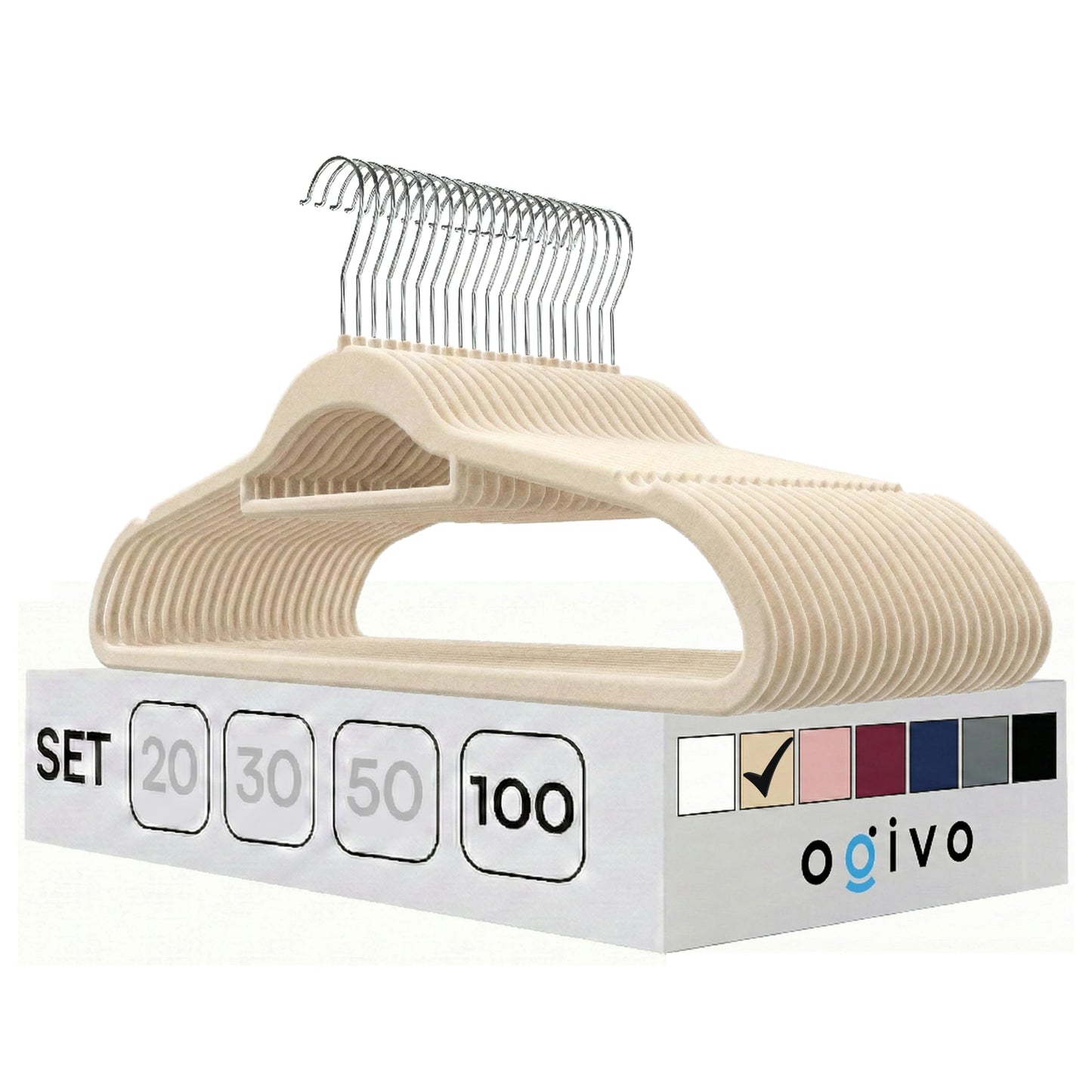 Samt-Kleiderbügel Set mit 360° Haken (100 Stück), Beige 100