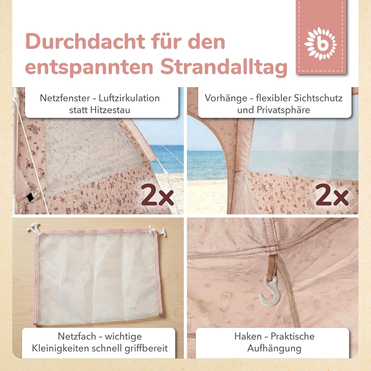 Strandmuschel Pop Up XXL Quick-Up Zelt mit UV Schutz 80+, Strandzelt Dreamy Flowers