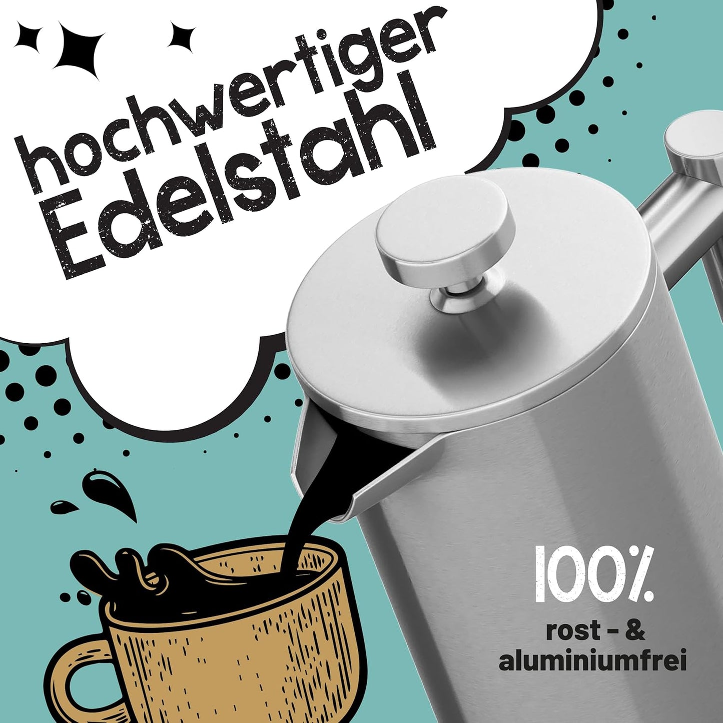 French Press Kaffeebereiter mit 3 Ersatzfiltern, 1000ml (5 Tassen)