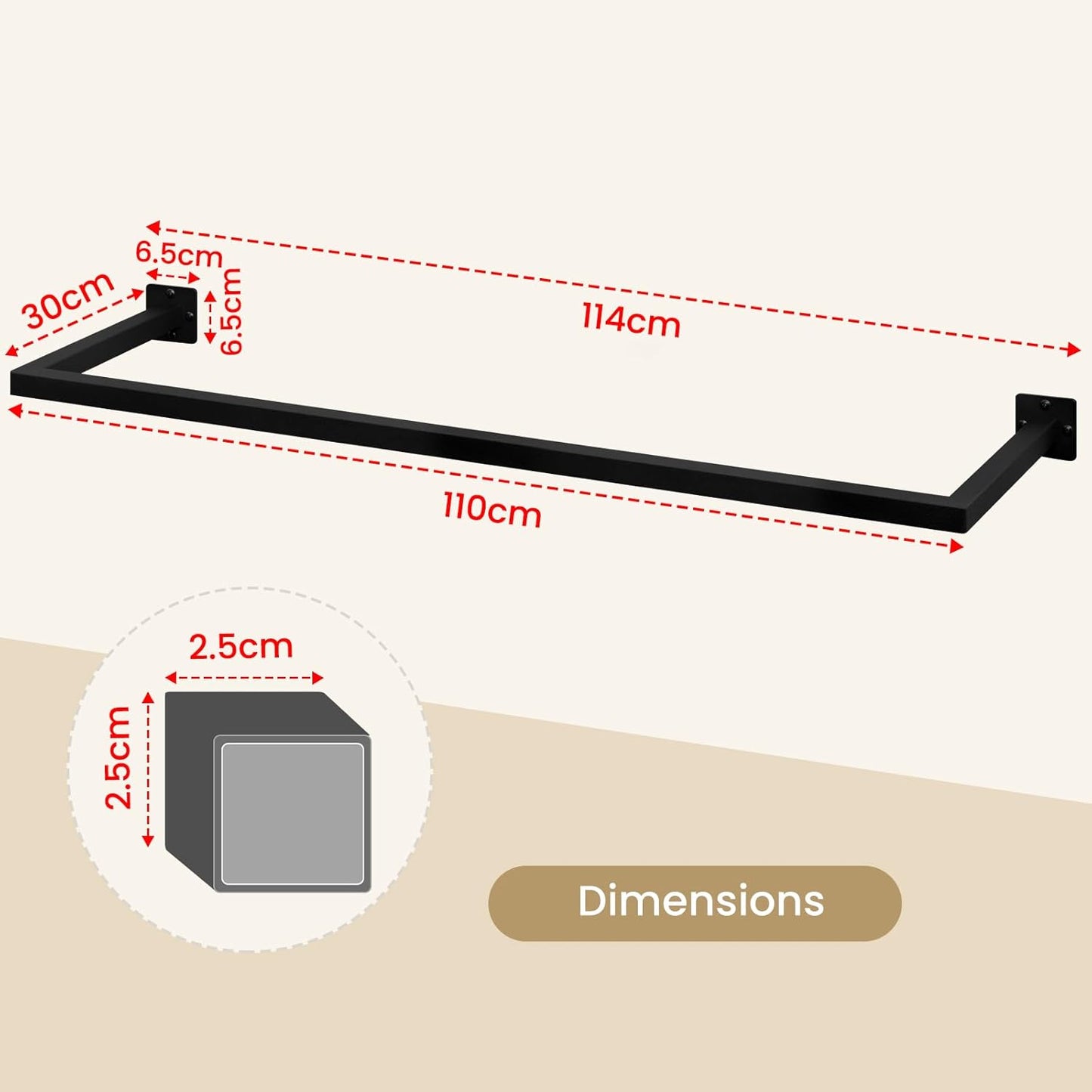 2er-Set Kleiderstangen zur Wandmontage, Schwarz 114cm/(2pack)