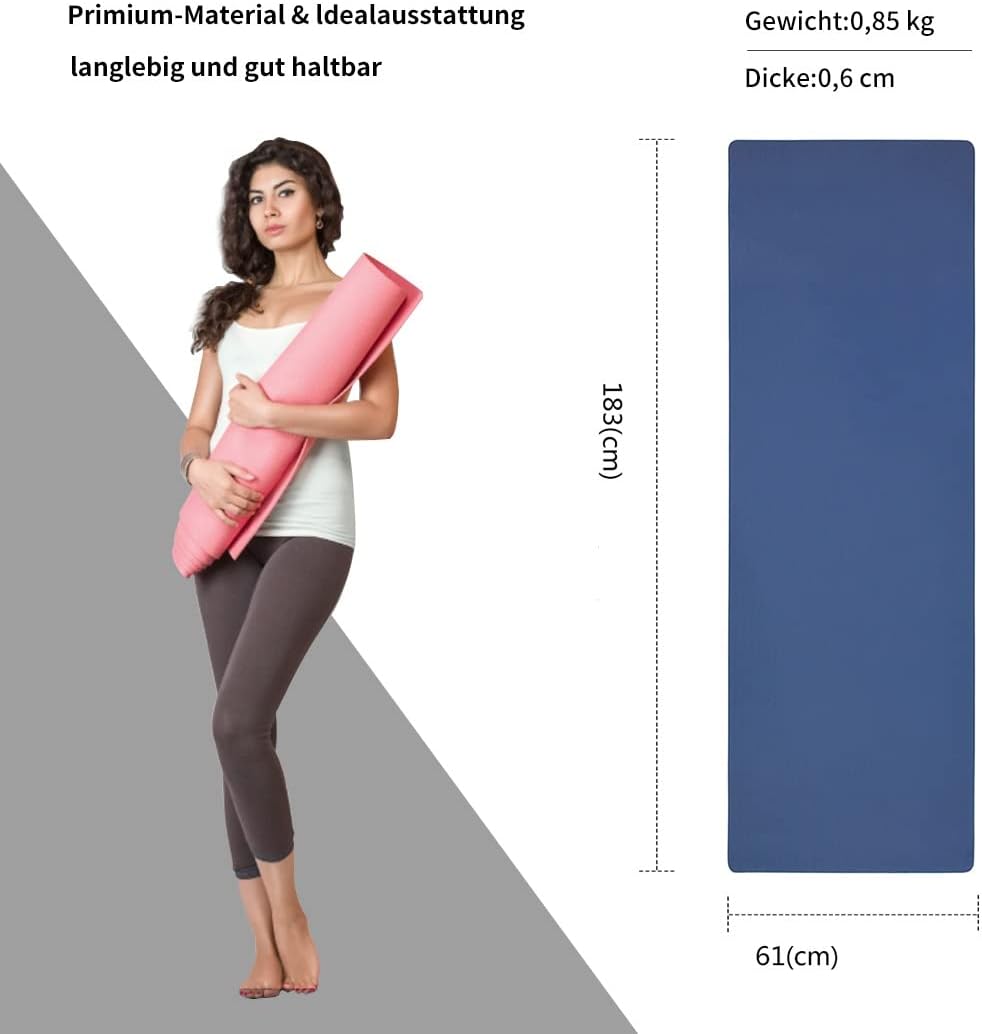 Rutschfeste Yogamatte mit Tragegurt, Marine 6 mm