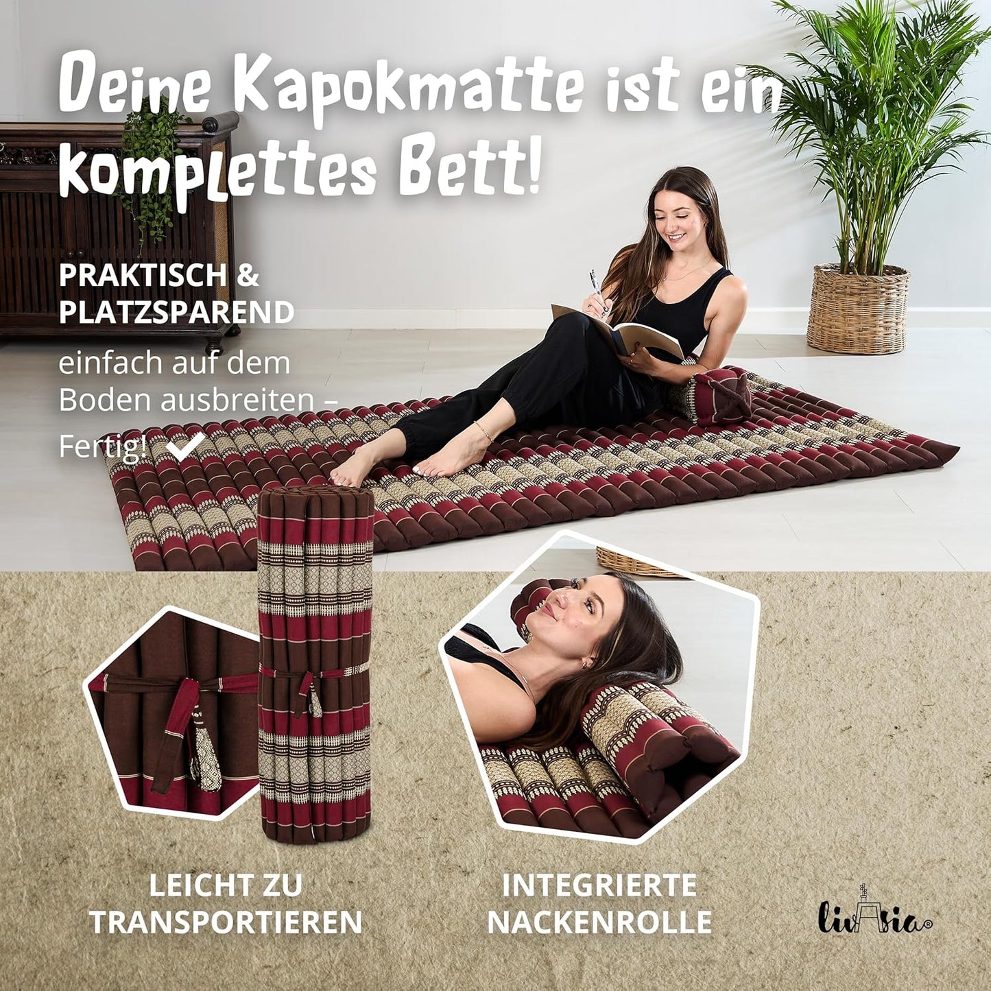 Rollmatratze für Gäste & Outdoor (200x110x4,5cm), L (200 x 110 cm) Weinrot