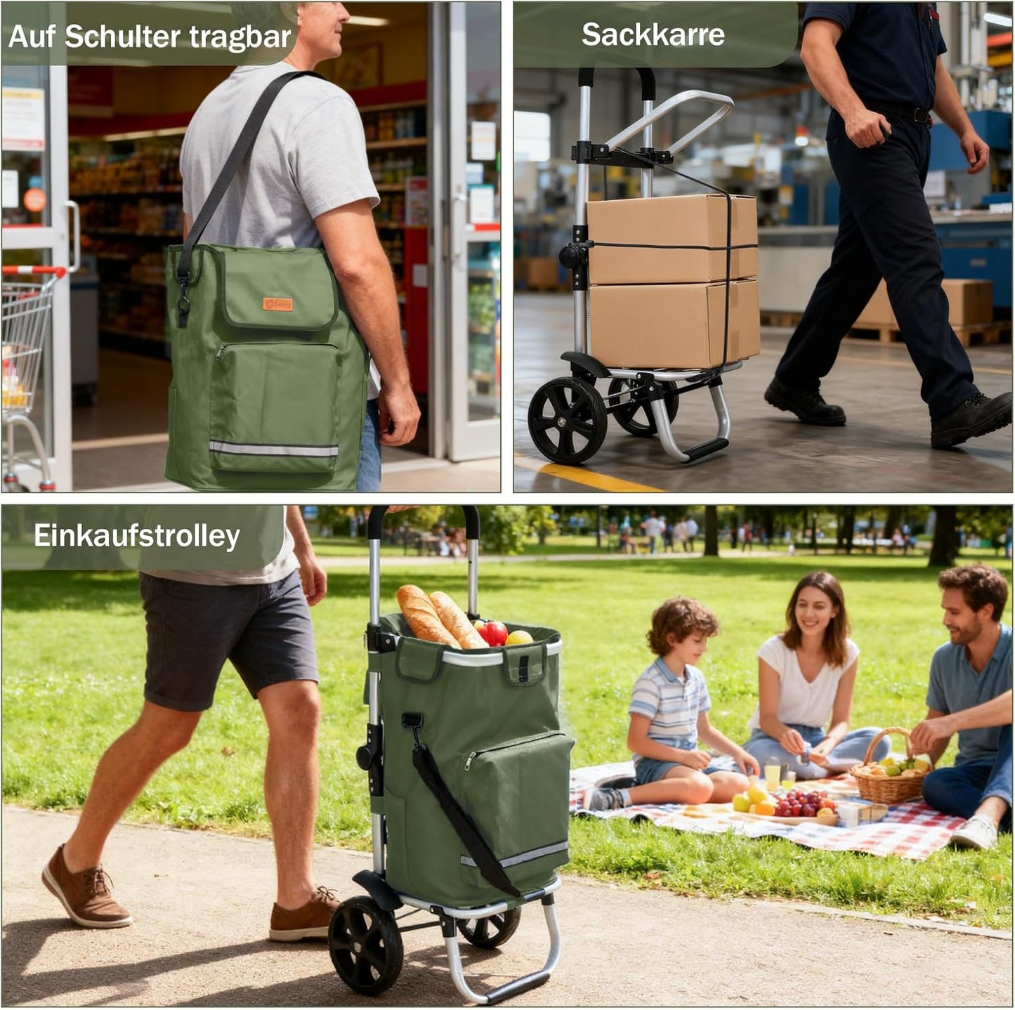 3in1 Einkaufstrolley, klappbar, mit Kühlfach, Olivgrün