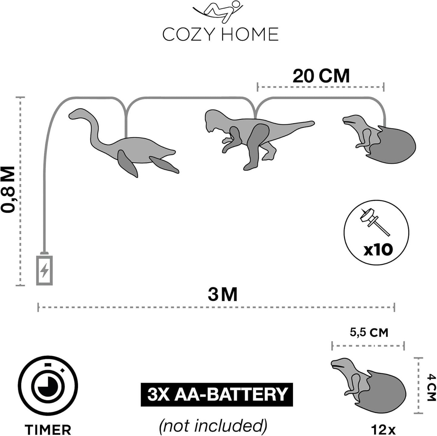 Dino Lichterkette mit Timer, Batterie - 12 Dinos - Timer