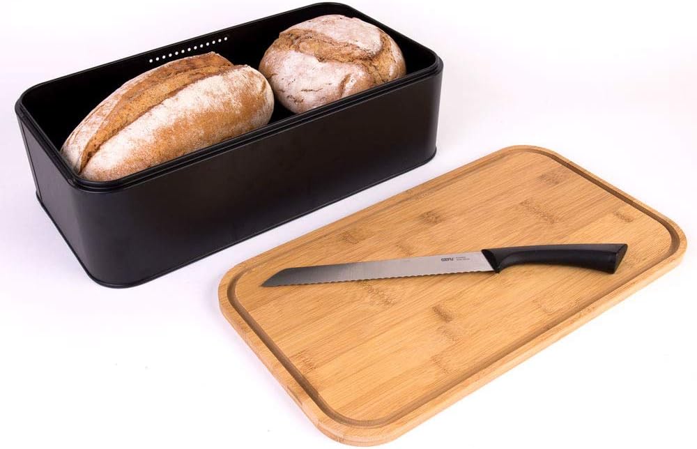Brotkasten mit Bambusdeckel, Schwarz ; 42,5 x 23 x 13 cm