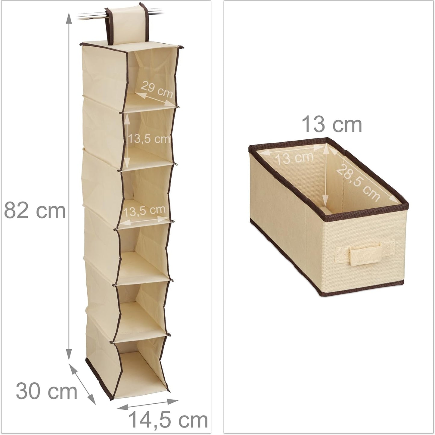 3er-Pack Hängeregal mit 6 Fächern und 2 Schüben, Beige, Dunkelbraun