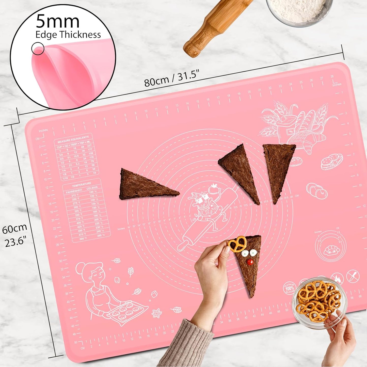 Rutschfeste Backmatte mit Messskalen und Kantenerhöhung, Rosa 80L x 60B cm