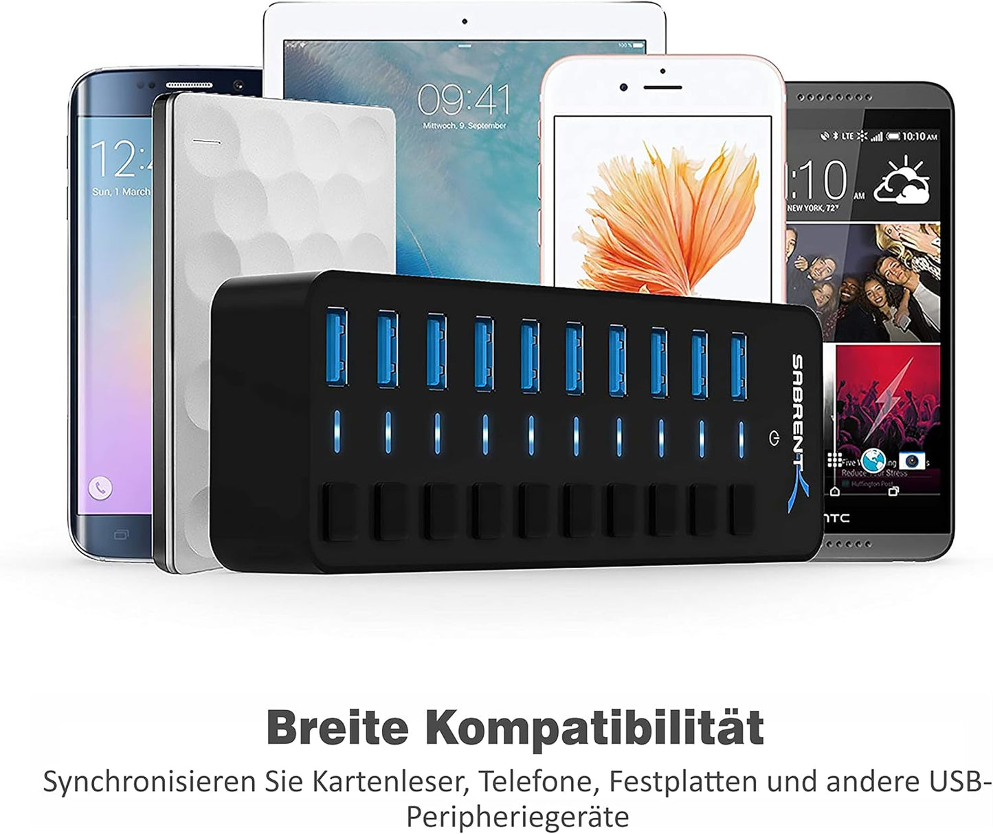 HB-BU10 USB-Hub 3.0 mit Netzteil, 10 Ports, 10 Port + netzteil