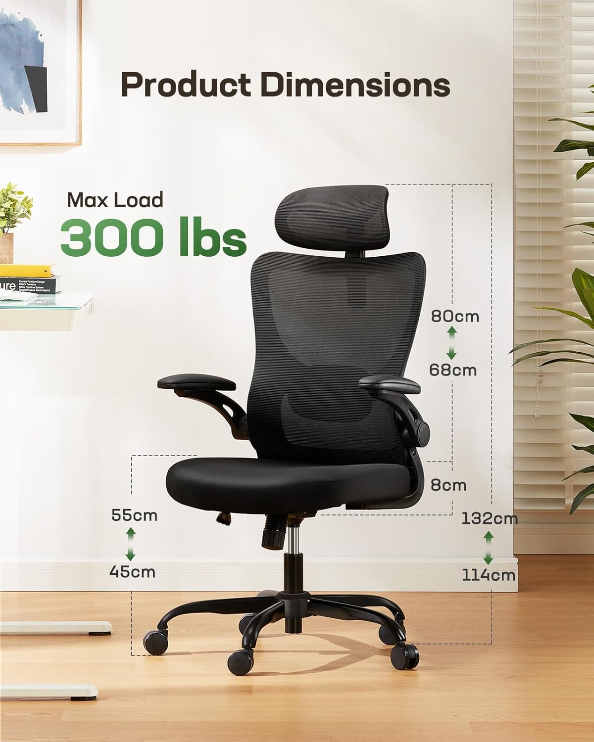 Ergonomischer Schreibtischstuhl mit 3D Armlehnen, Schwarz 58T x 60B x 132H cm