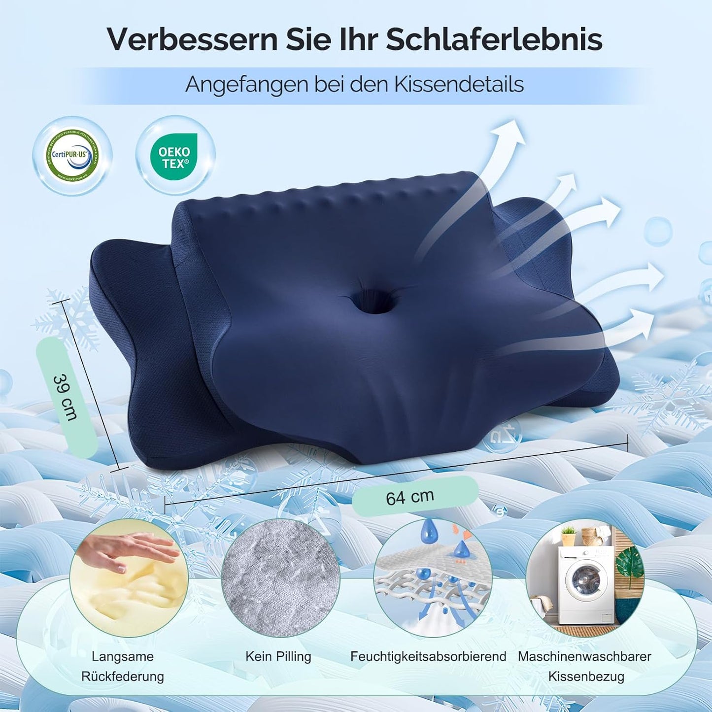 Ergonomisches Nackenstützkissen für Seitenschläfer, Rücken und Bauchschläfer, Dunkelblau 64 x 39 x 13 cm