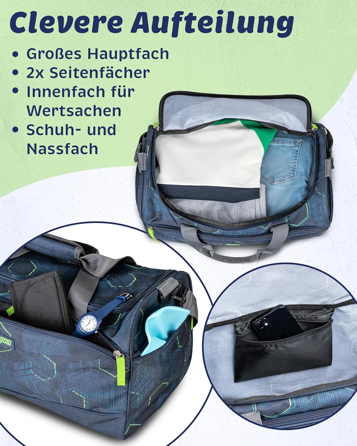 Kindersporttasche mit Schuh- und Nassfach, Blau-grün Gemustert