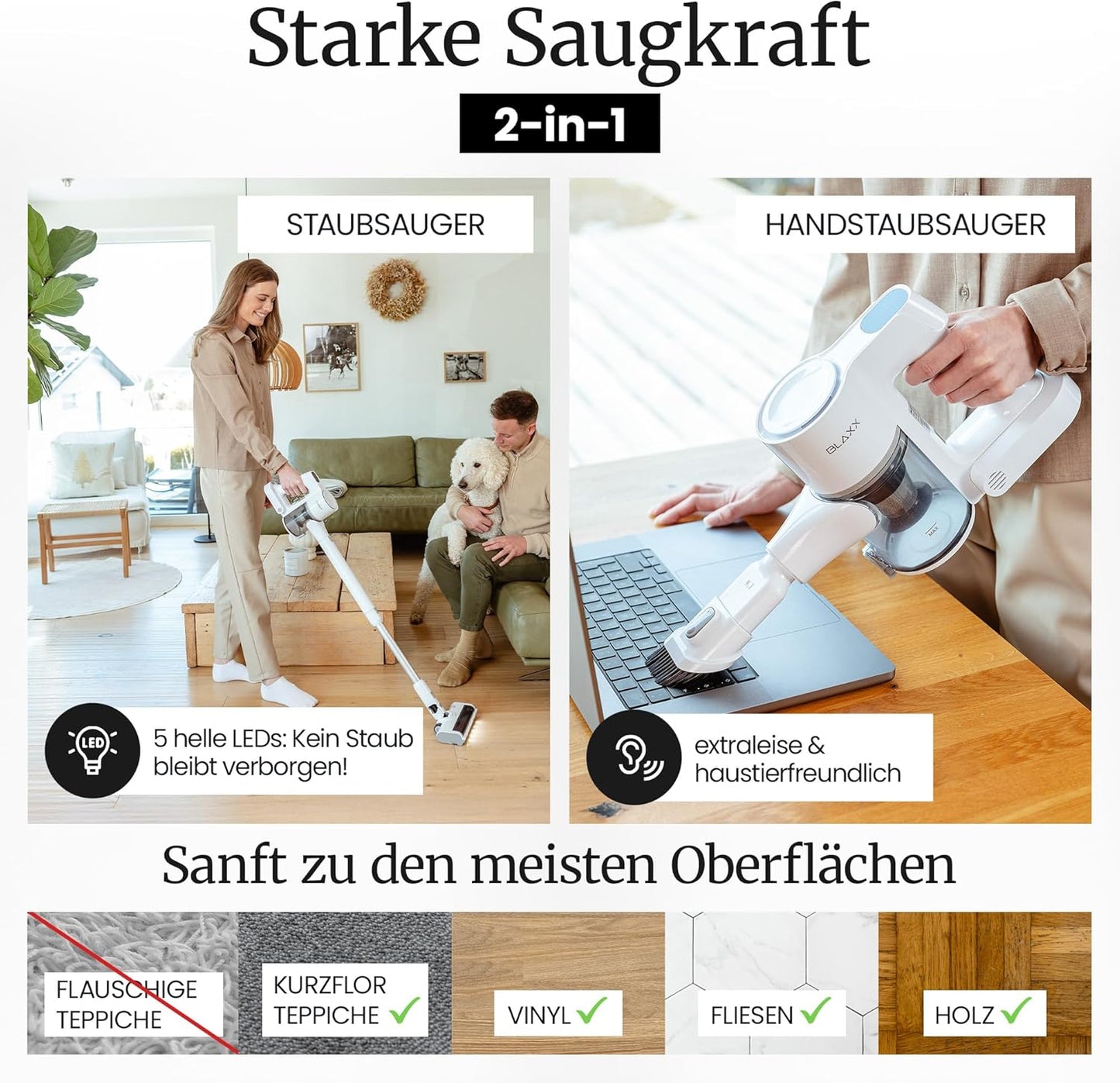 Akkustaubsauger mit HEPA-Filter, LEDs & 2 Akkus