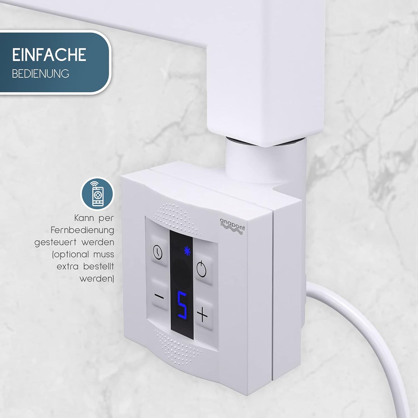 Elektrischer Handtuchheizkörper mit Timer-Funktion, weiss/gerade 1175h x 500b