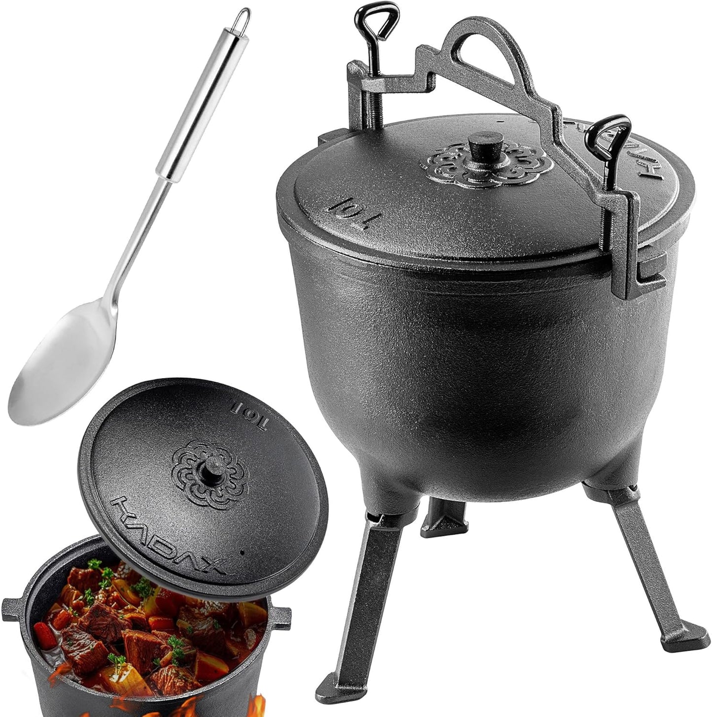 Jagdkessel Dutch Oven mit Deckel und Löffel, 10 L mit Löffel