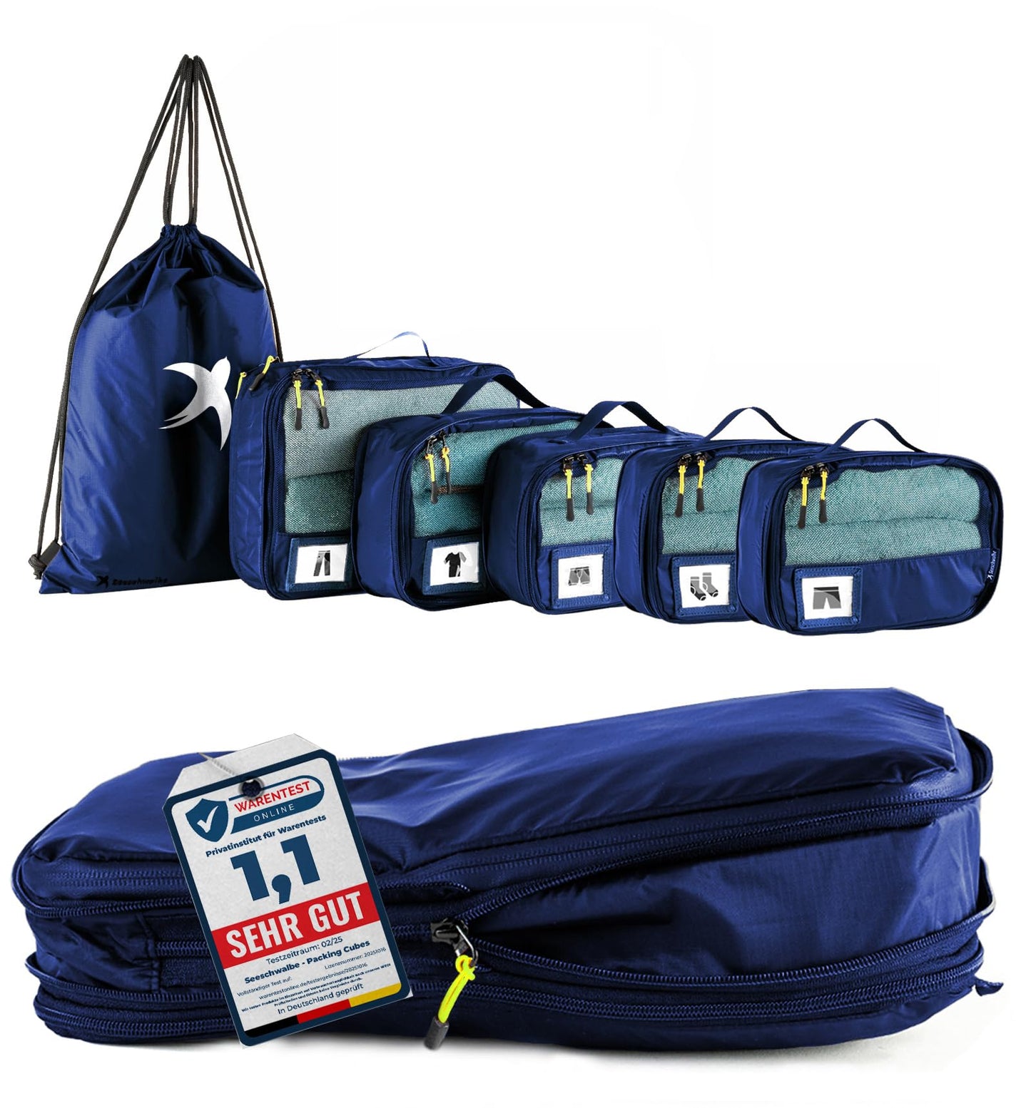 6-teiliges Packwürfel-Set mit Kompression, Blau 6-teiliges Set