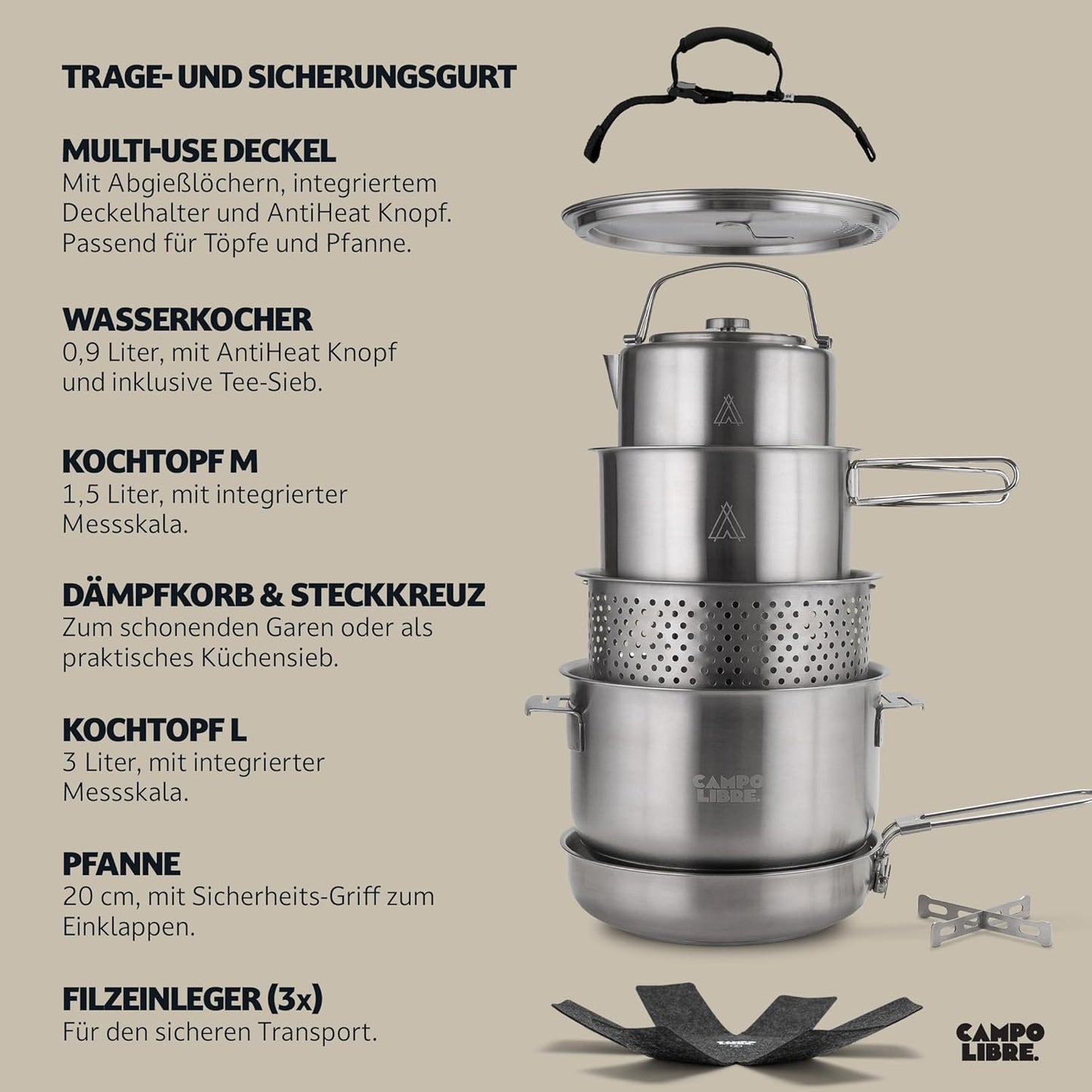 Camping Kochgeschirr-Set aus Edelstahl (8-teilig), 8-teilig