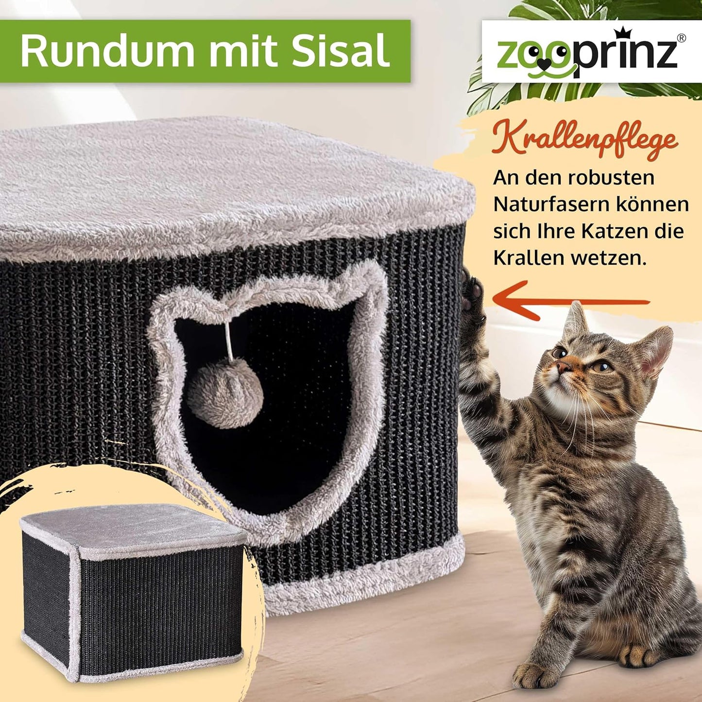 Premium Katzenhaus mit Sisalwänden und Plüsch, Schwarz