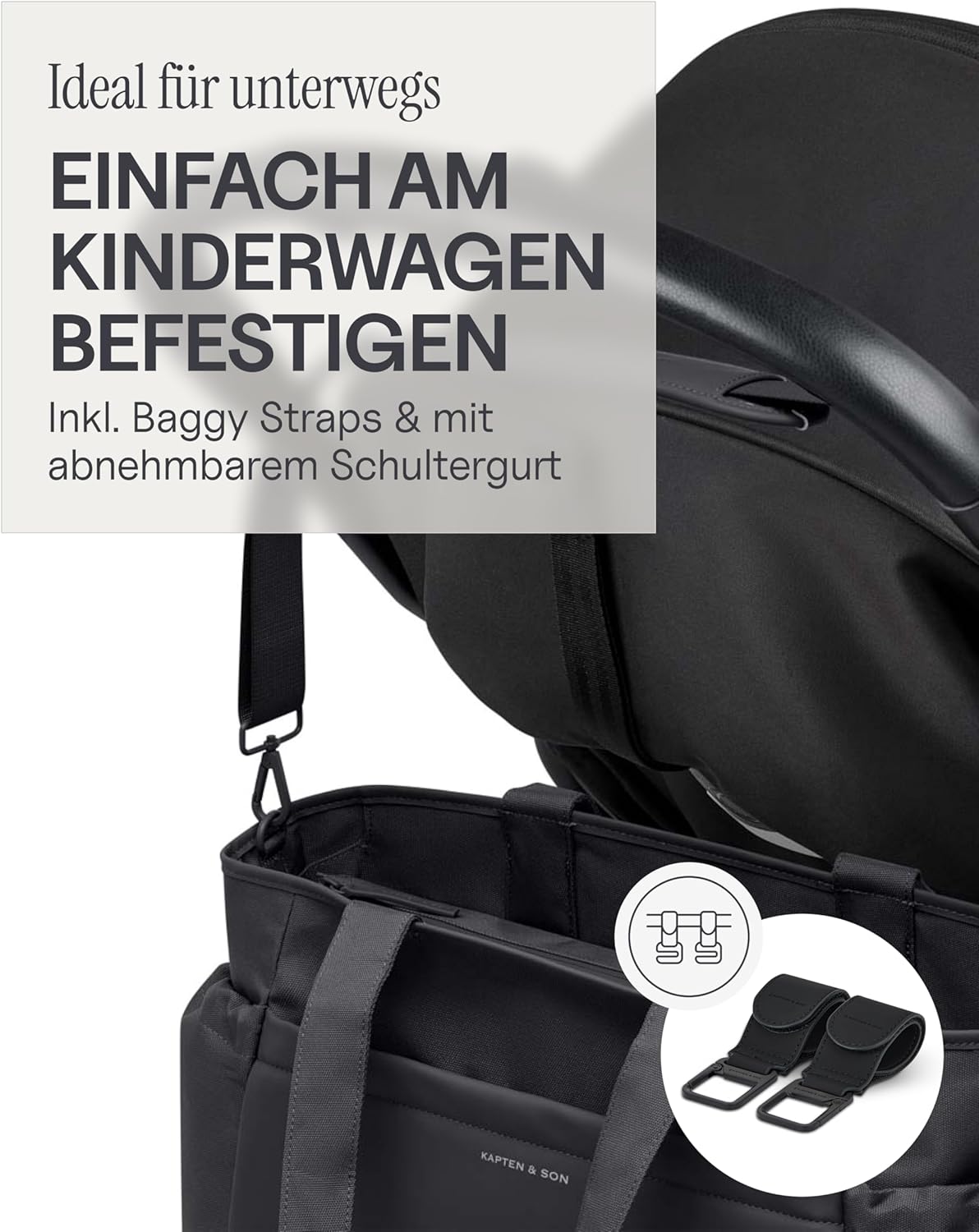 Shopper Wickeltasche mit Kinderwagenbefestigung, All Black 25 L