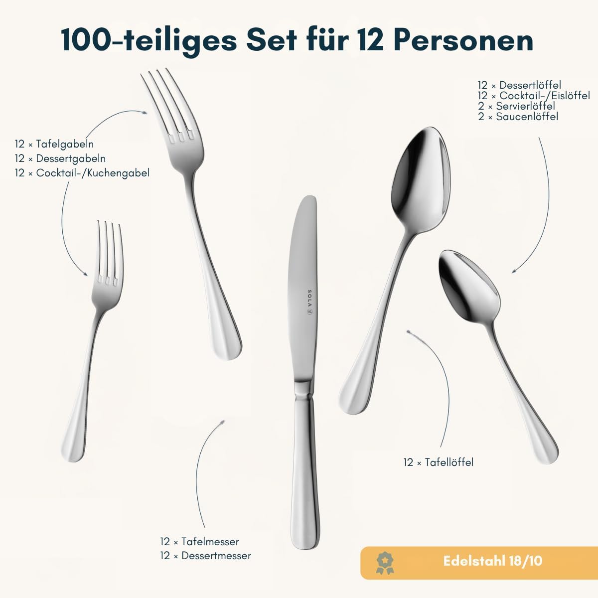 100-teiliges Essbesteck-Set Hollands Glad für 12 Personen, 12 Personen - 100 Teile, Hollands Glad