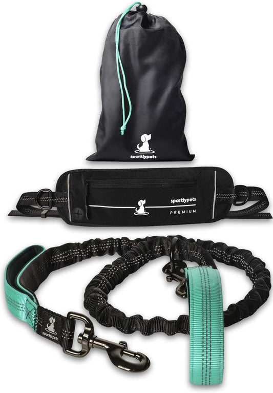 2 in 1 Joggingleine für Hunde mit Doppelgriff, Stossdämpfer und Bauchgurt, Premium-Blaugrün|Für ein Hund