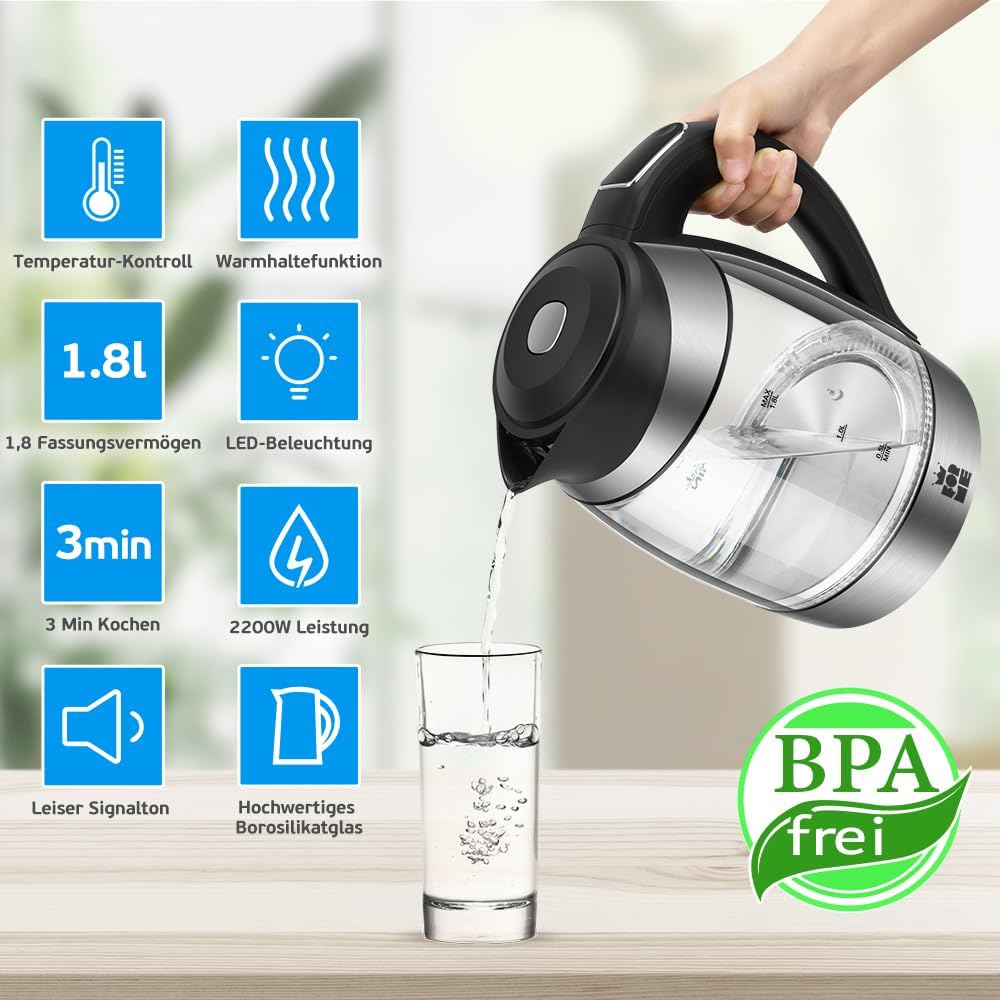 Glas-Wasserkocher mit Temperaturwahl (1,8L), Ohne Teesieb 418
