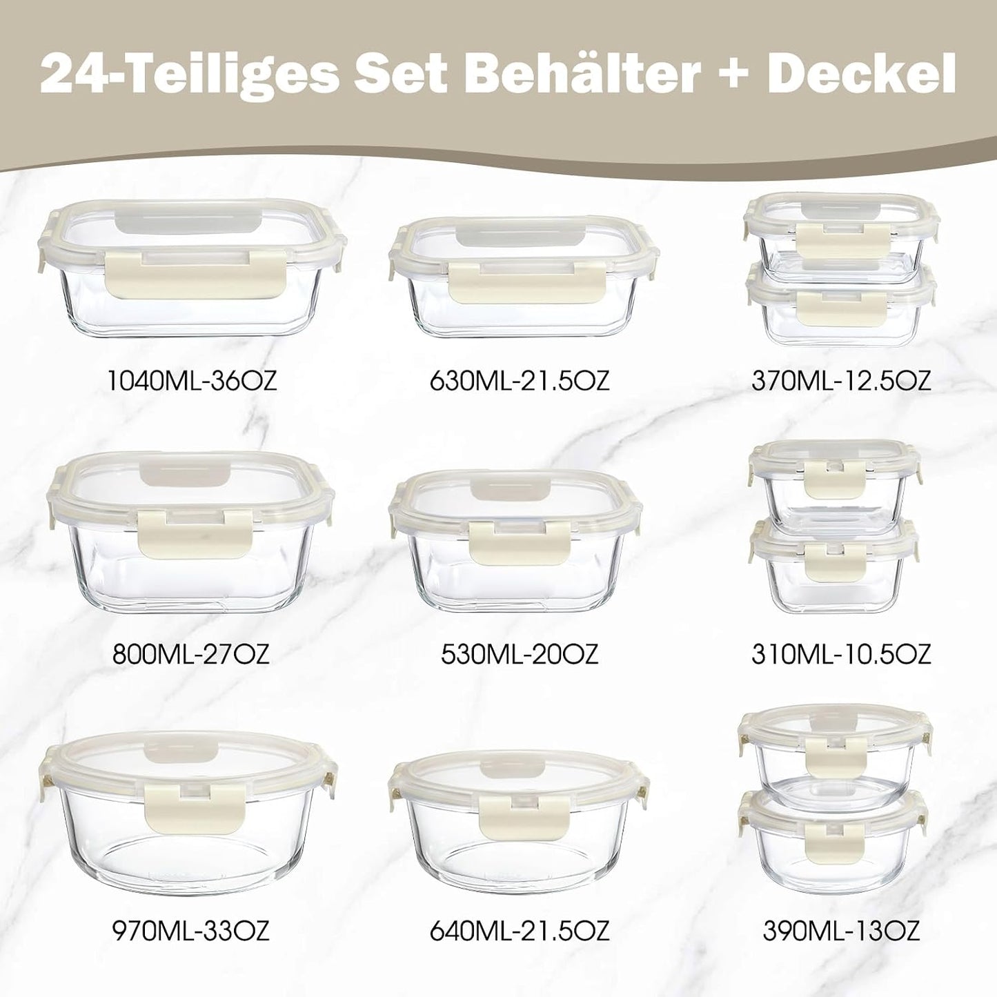 Meal Prep Boxen Glas mit Deckel, stapelbar, Weiss-12 Stück