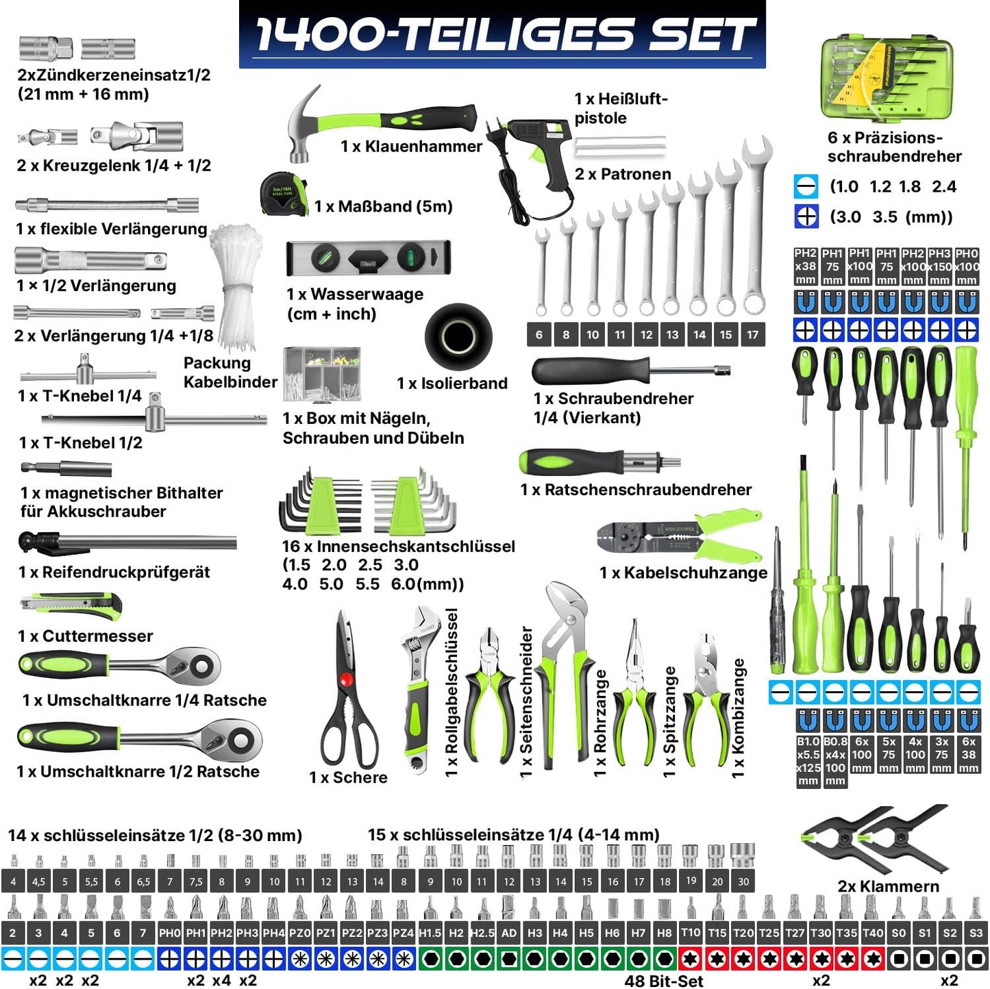 Werkzeugkoffer 1400-teilig mit Trolley-Funktion, Grün