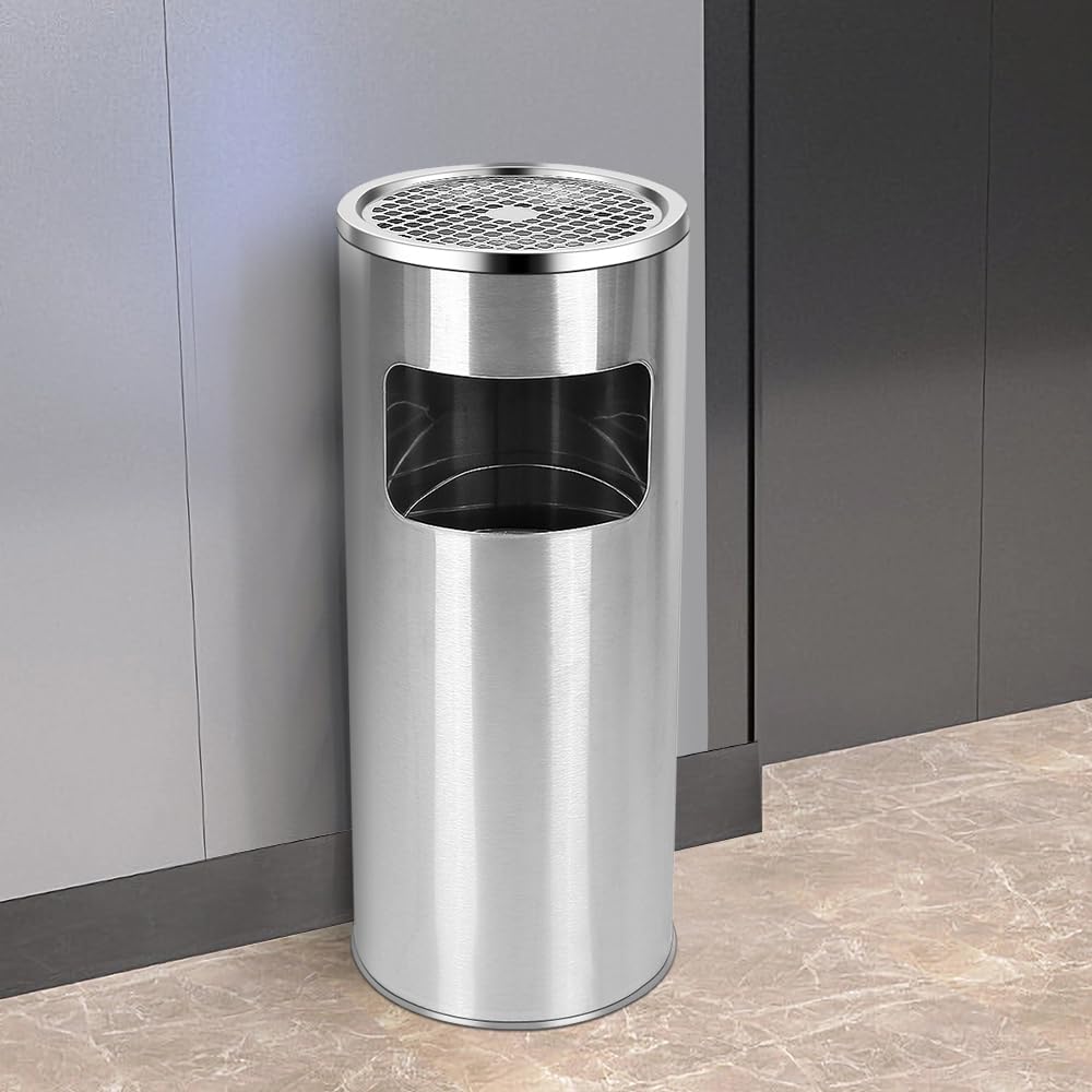 Edelstahl-Mülleimer mit Aschenbecheraufsatz, 25 X 25 X 60 Cm – Silber (1 Stück)