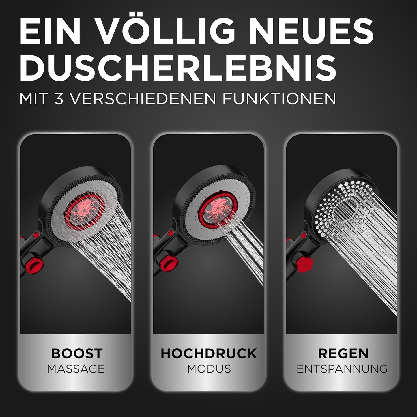 Duschkopf mit Mineralperlen & Druckerhöhung, Schwarz Matt