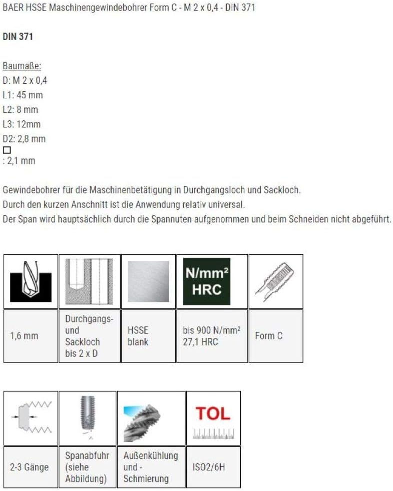 Maschinengewindebohrer M2, DIN 371, M 2 x 0,4 - DIN 371