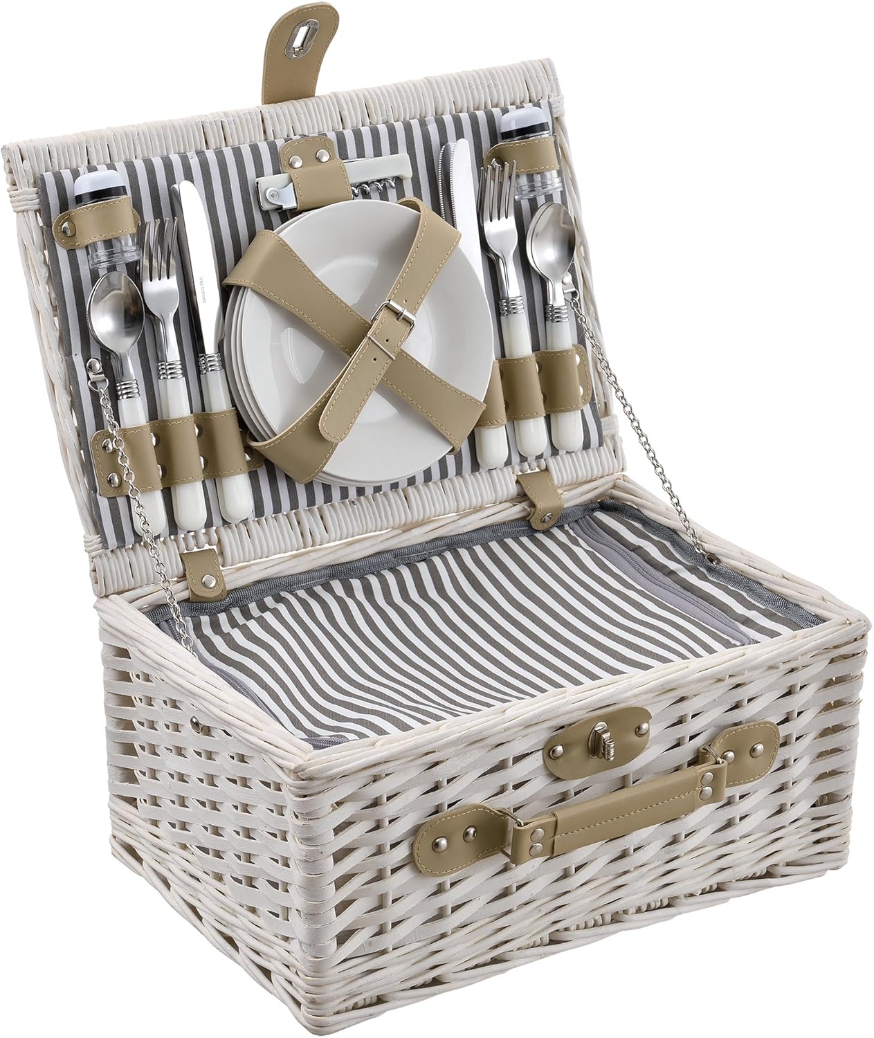 Picknickkorb-Set für 4 Personen mit Kühltasche, Weiss|40 x 28 x 19 cm