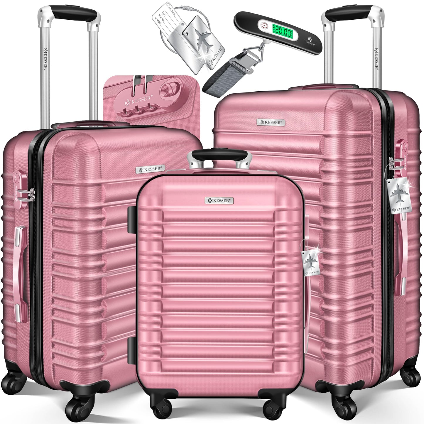3-teiliges Hartschalenkofferset mit Schloss, Kofferwaage und Anhänger, Rosa