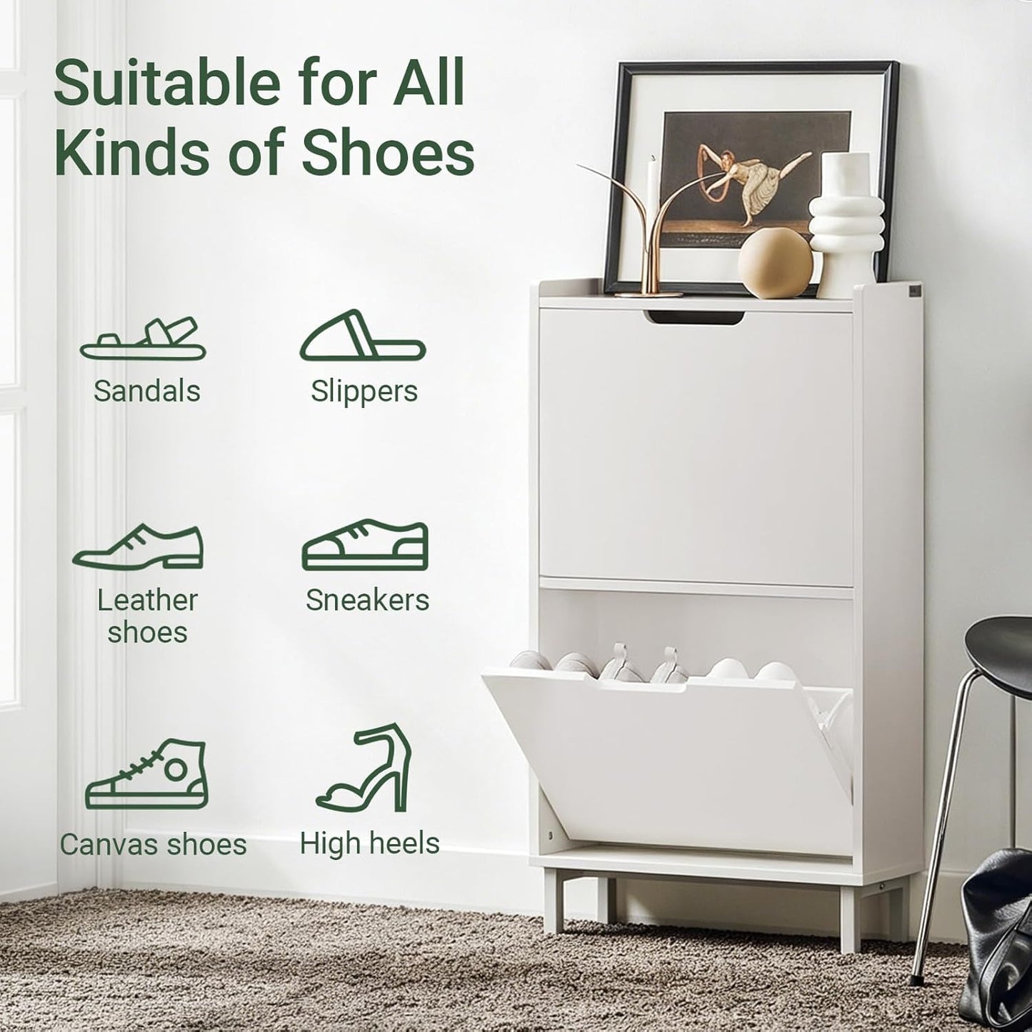 Schmaler Schuhschrank mit 2 Klappen, 2 Klappen Weiss