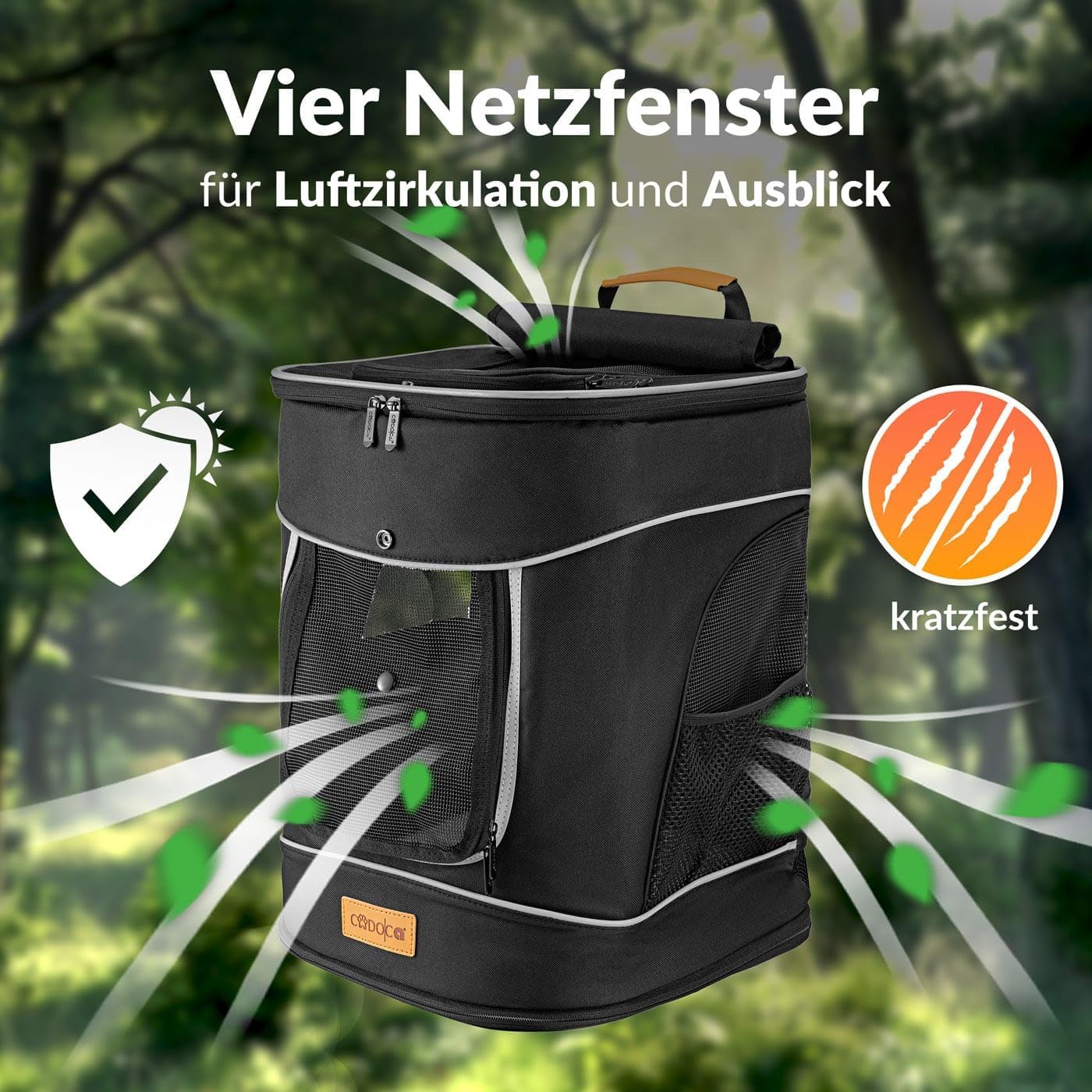 Haustierrucksack bis 20 kg, faltbar mit Kurzleine, Schwarz