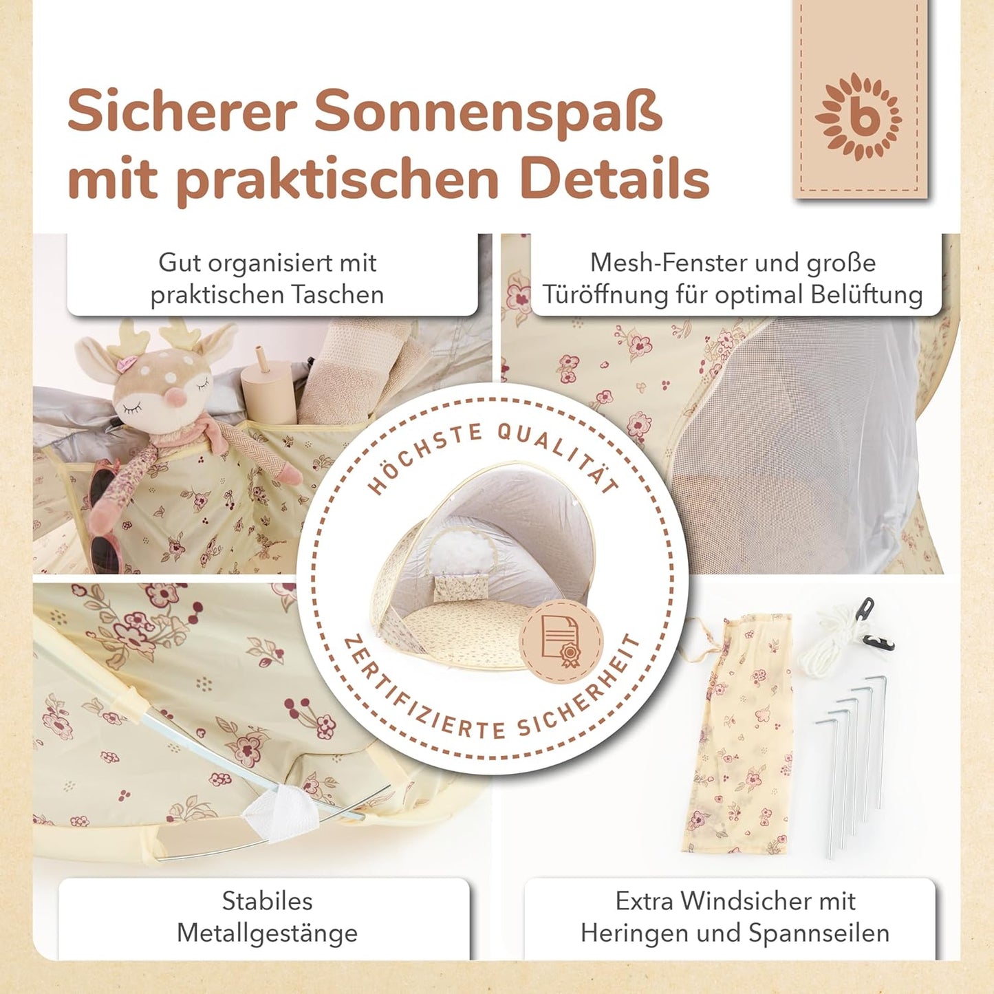 Vintage Flowers Pop-up Strandmuschel mit UV-Schutz 40+, Strandmuschel Vintage Flowers