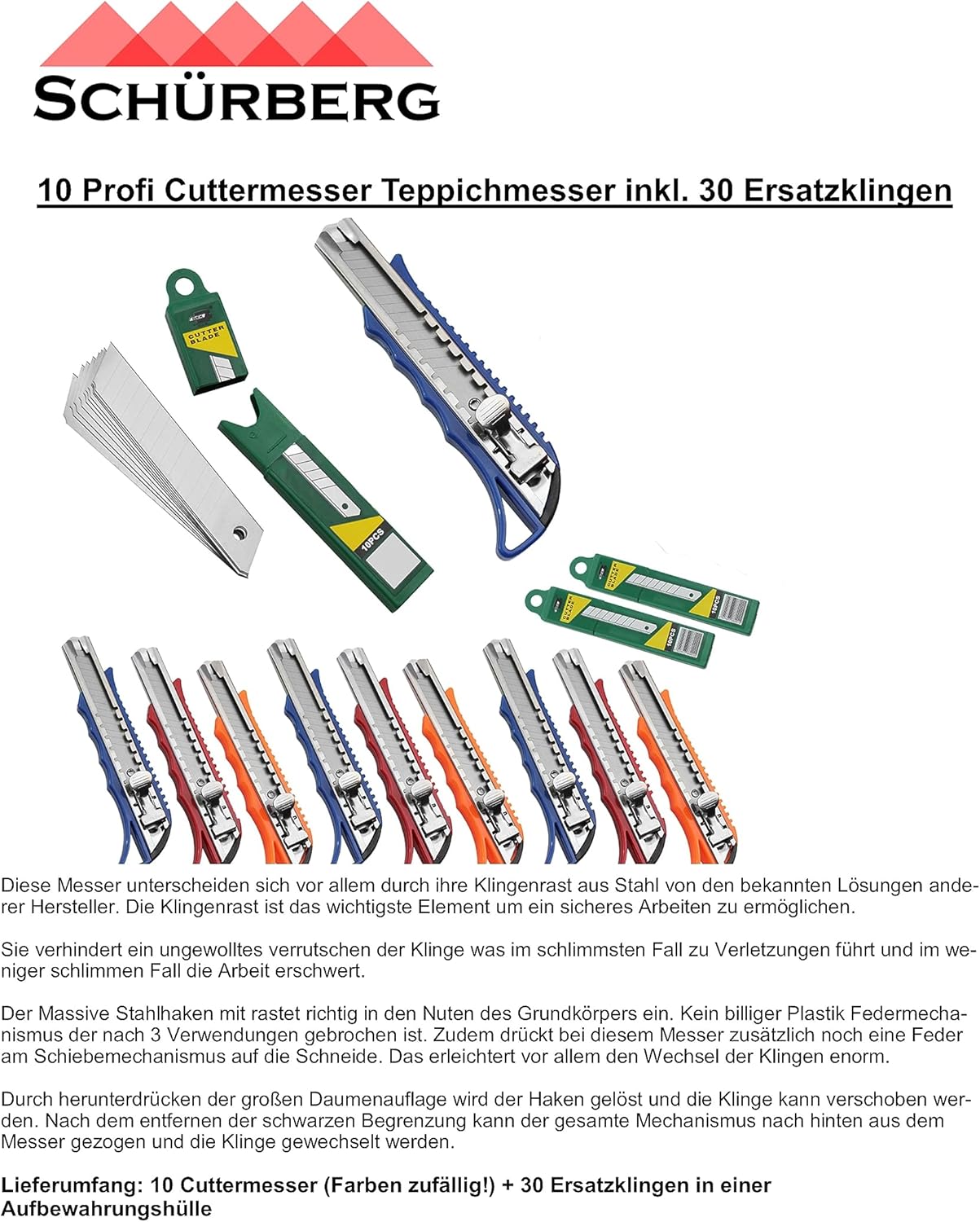 10 x Cuttermesser mit 30 Ersatzklingen, 10 Profi Cutter | 30 Ersatzklingen (Farbmix)
