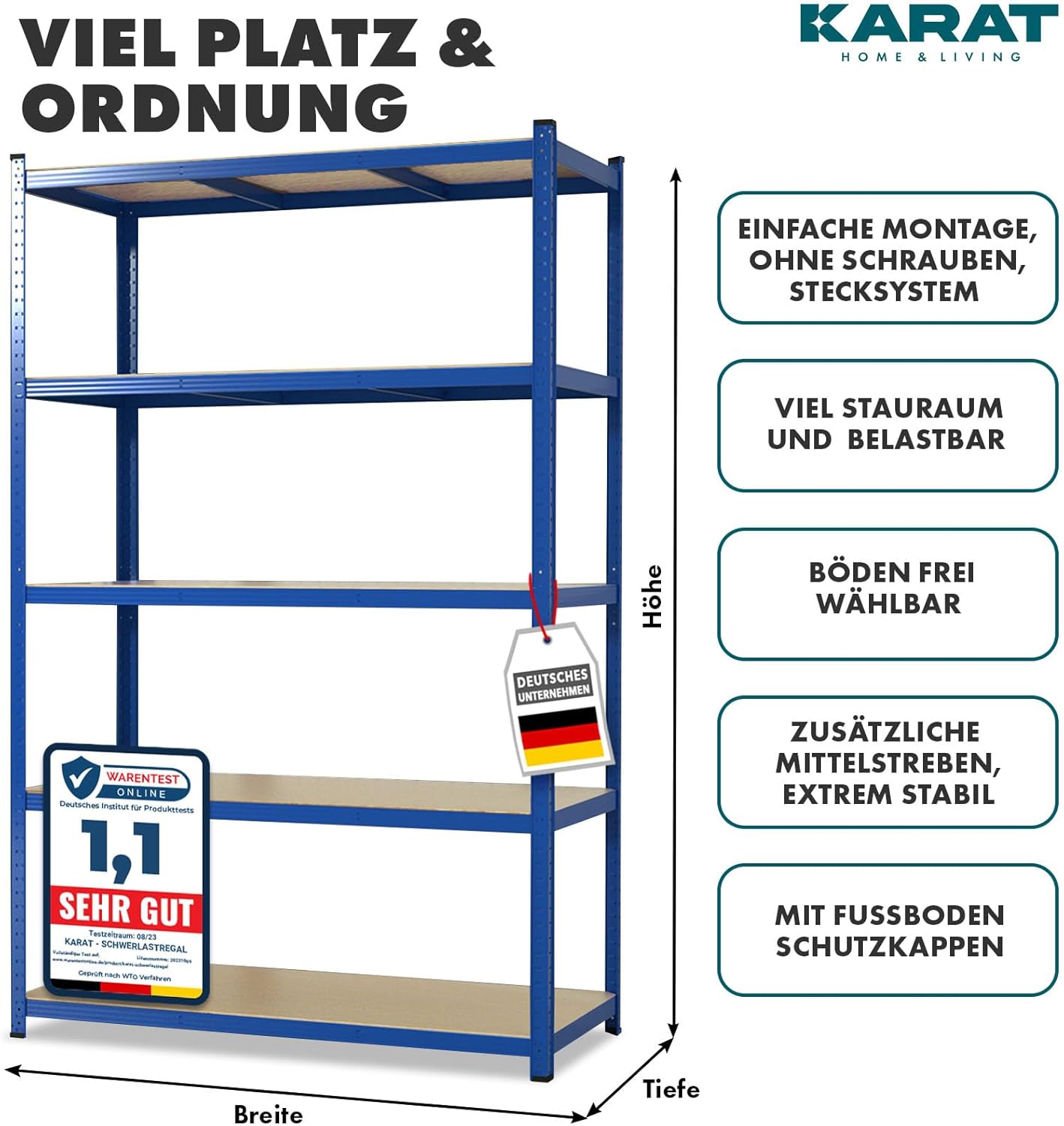 2er-Set Schwerlastregal mit 5 Böden, 150 x 75 x 30 cm Blau
