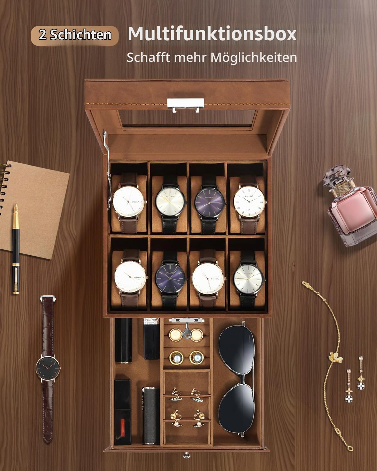 Uhrenbox mit 8 Fächern und Schublade, 8-braunes Pu-braunes
