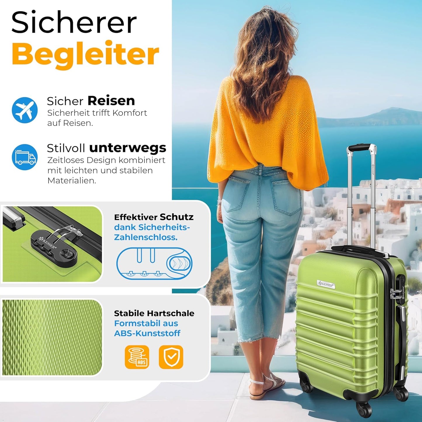Handgepäck Trolley-Koffer 55L mit Zubehör, Handgepäck 55cm - 55L Hellgrün